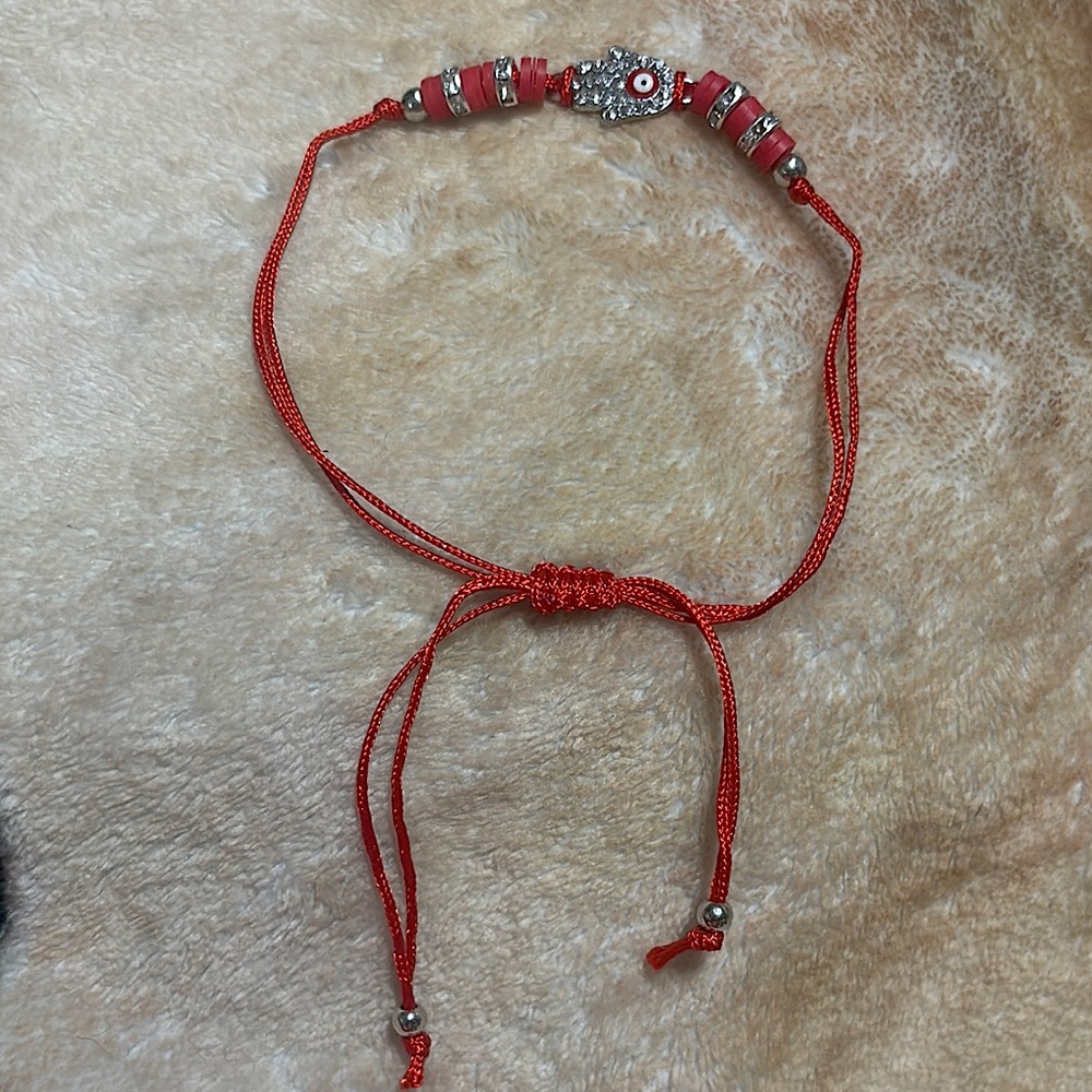 Silver and Red Beaded Hamsa Bracelet